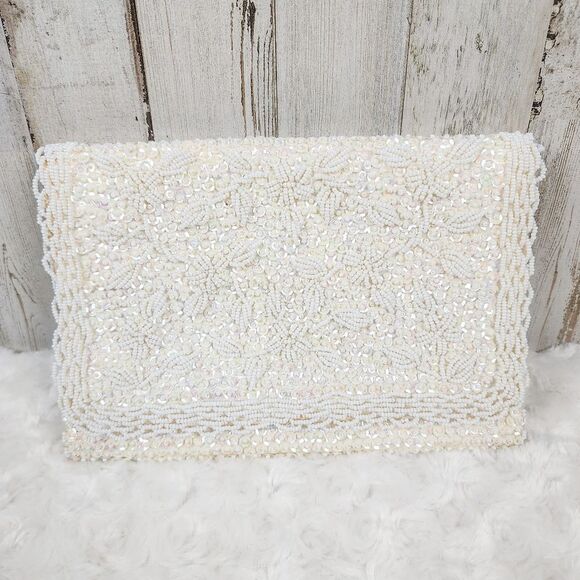 Vintage Ivory White Beaded Evening Clutch Purse Bag - Picture 1 of 10